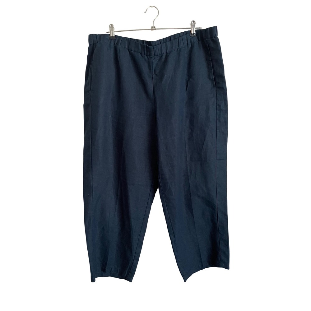 J. Jill Love Linen Navy Blue Cropped Wide Leg Pull On Pants Large Coastal Beachy